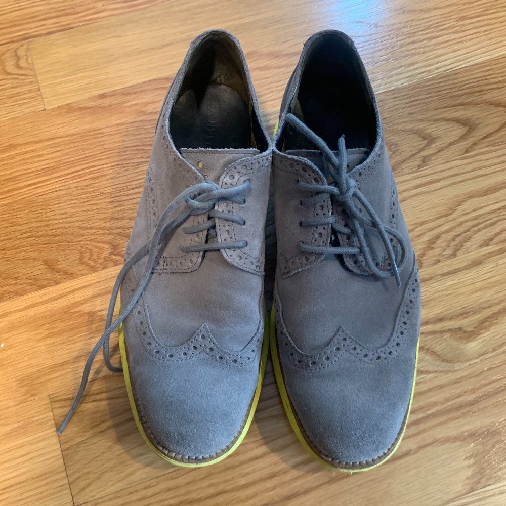 Cole Haan Lunargrand  Gray Suede with Yellow Sole Wing Tip Oxford